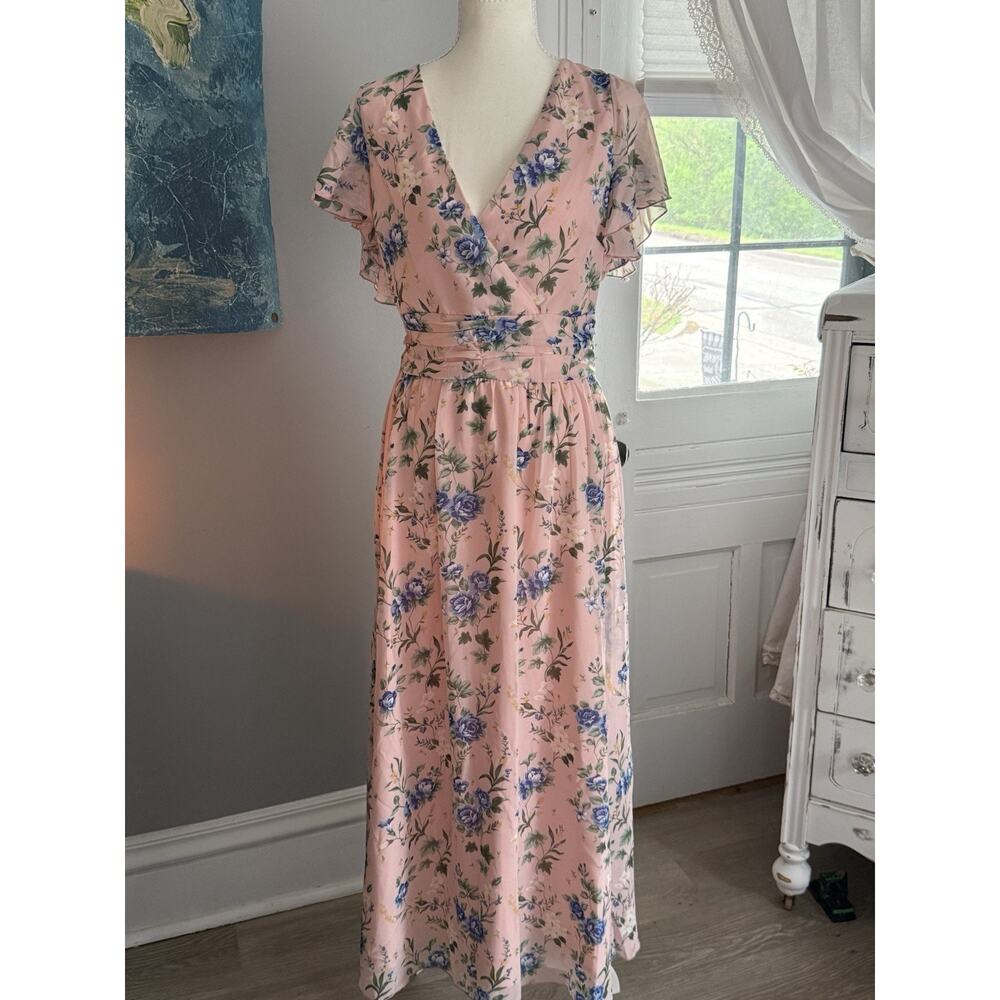 NWT JJ's House Chiffon pink Floral V-Neck Maxi Dress Size M